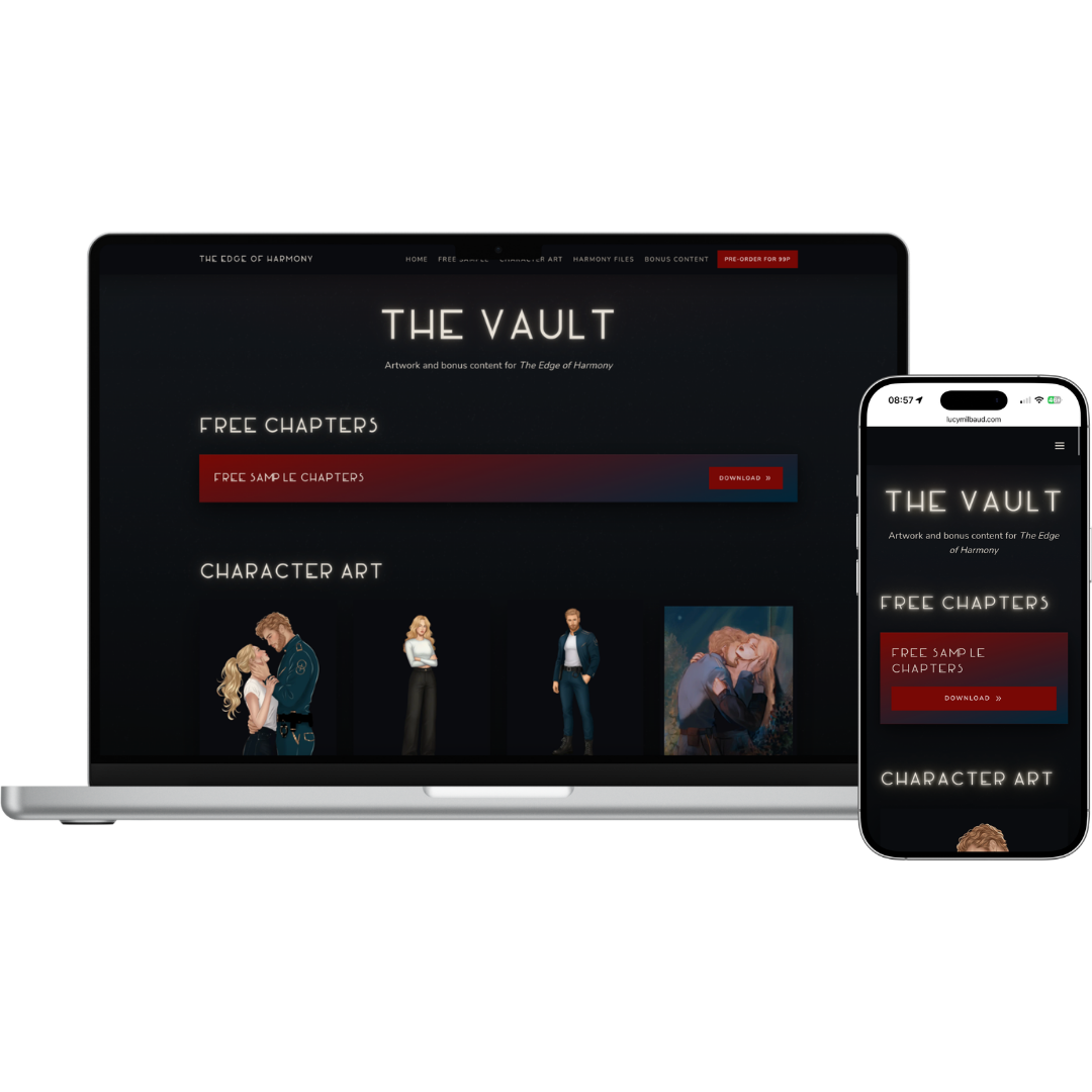 Preview of The Vault on laptop and phone — character art, free chapters, and bonus content for The Edge of Harmony